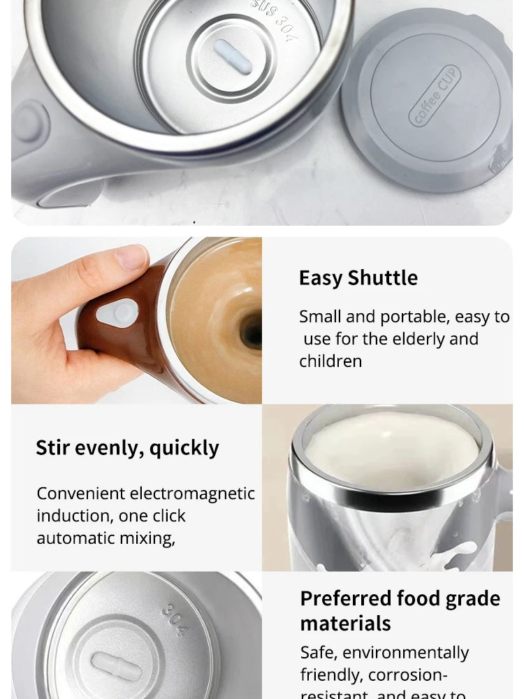 Stainless steel coffee maker with features highlighted on a white background