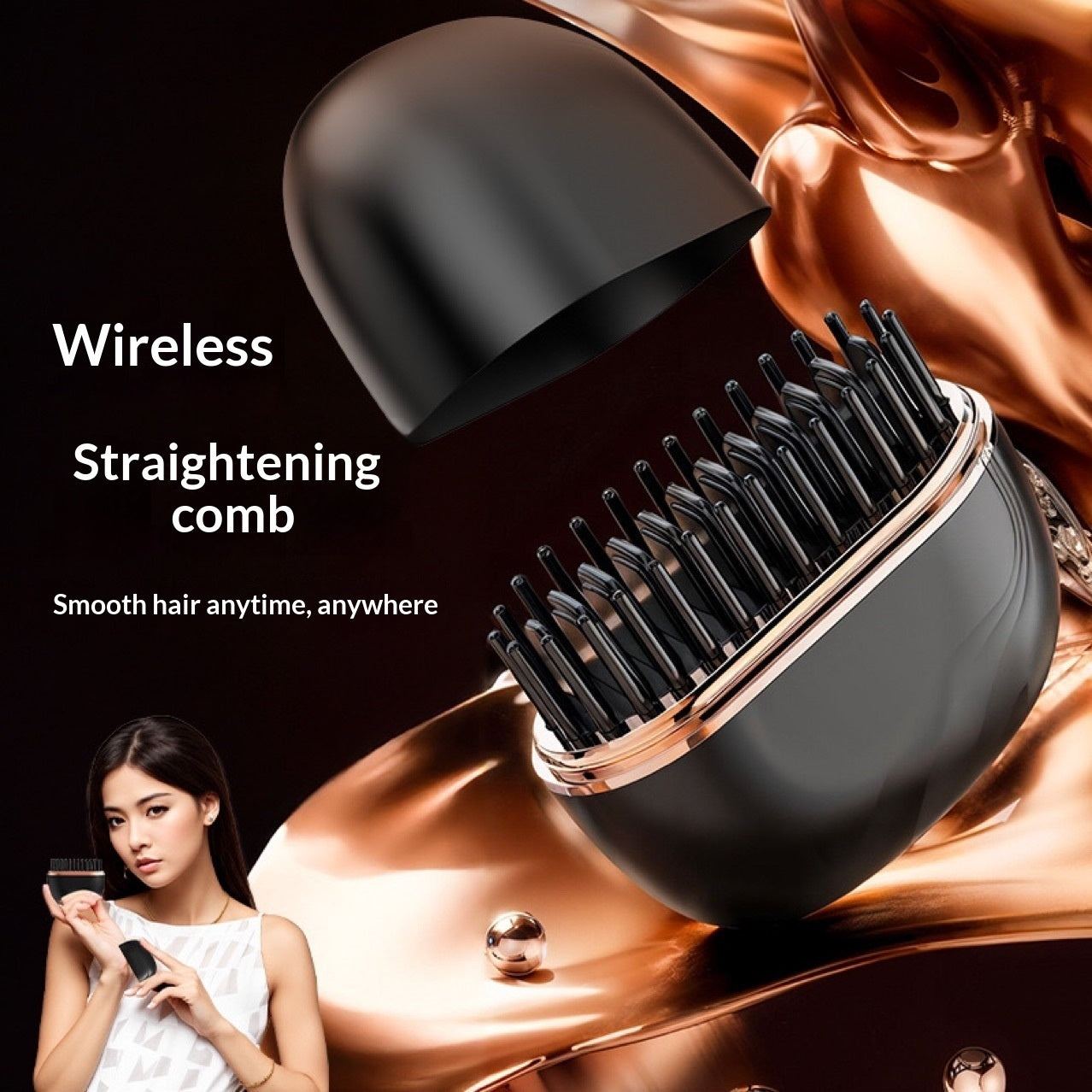 Wireless straightening comb with a woman using it on a black and gold background